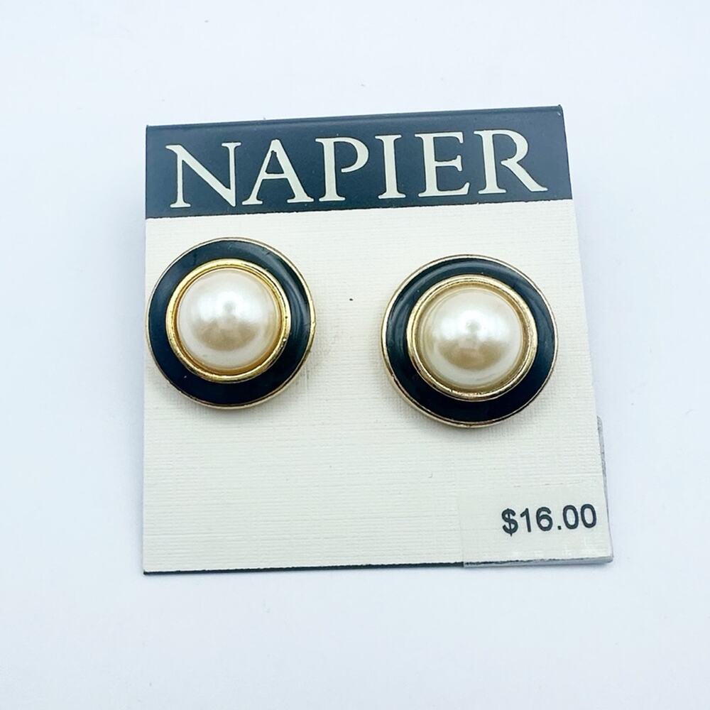 Vintage Napier Faux Pearl Earrings napier black enamel pierced retro